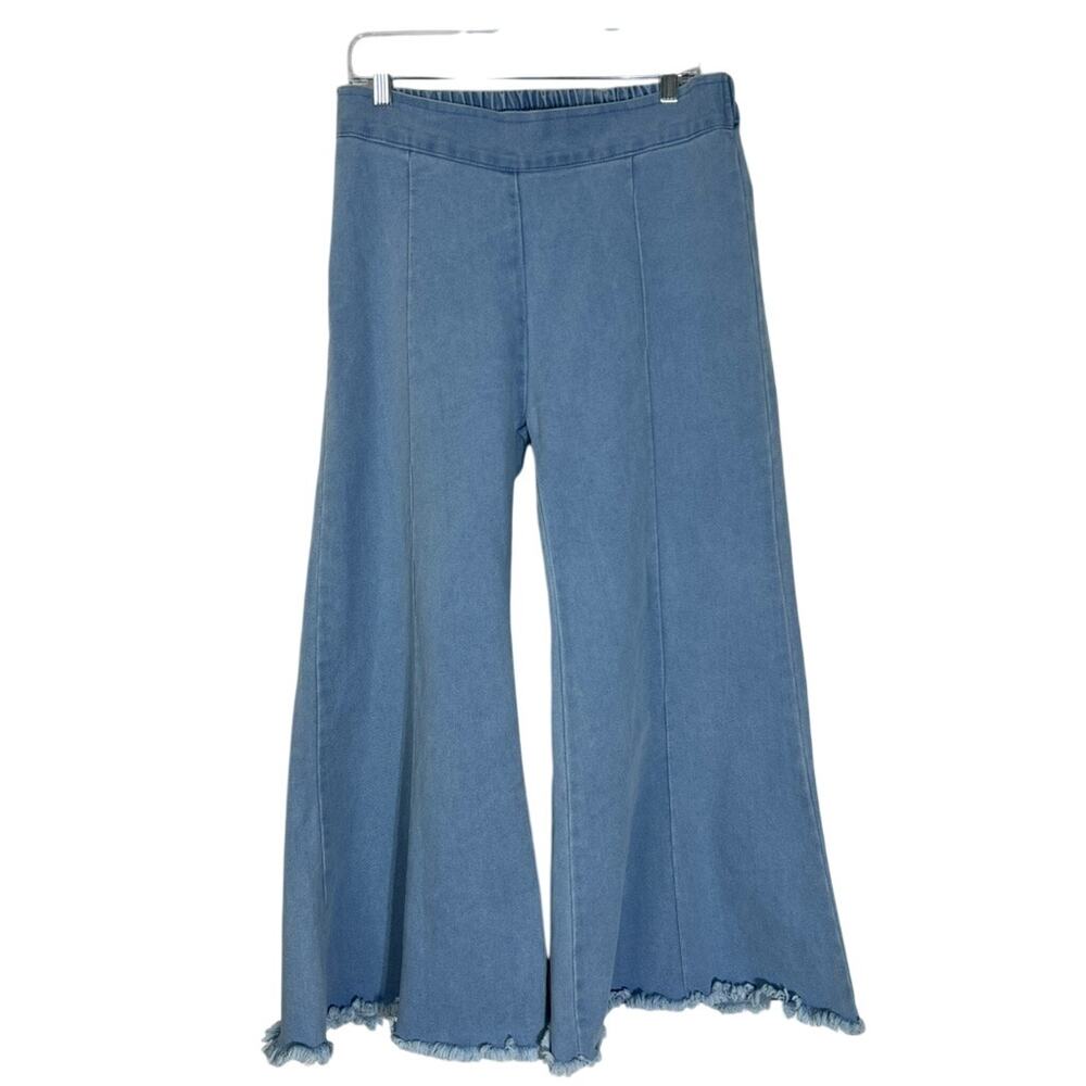 VTG Retro Rainbow Boho Light Blue Wide Leg Bell Bottoms Denim Jeans Size 3XL/26
